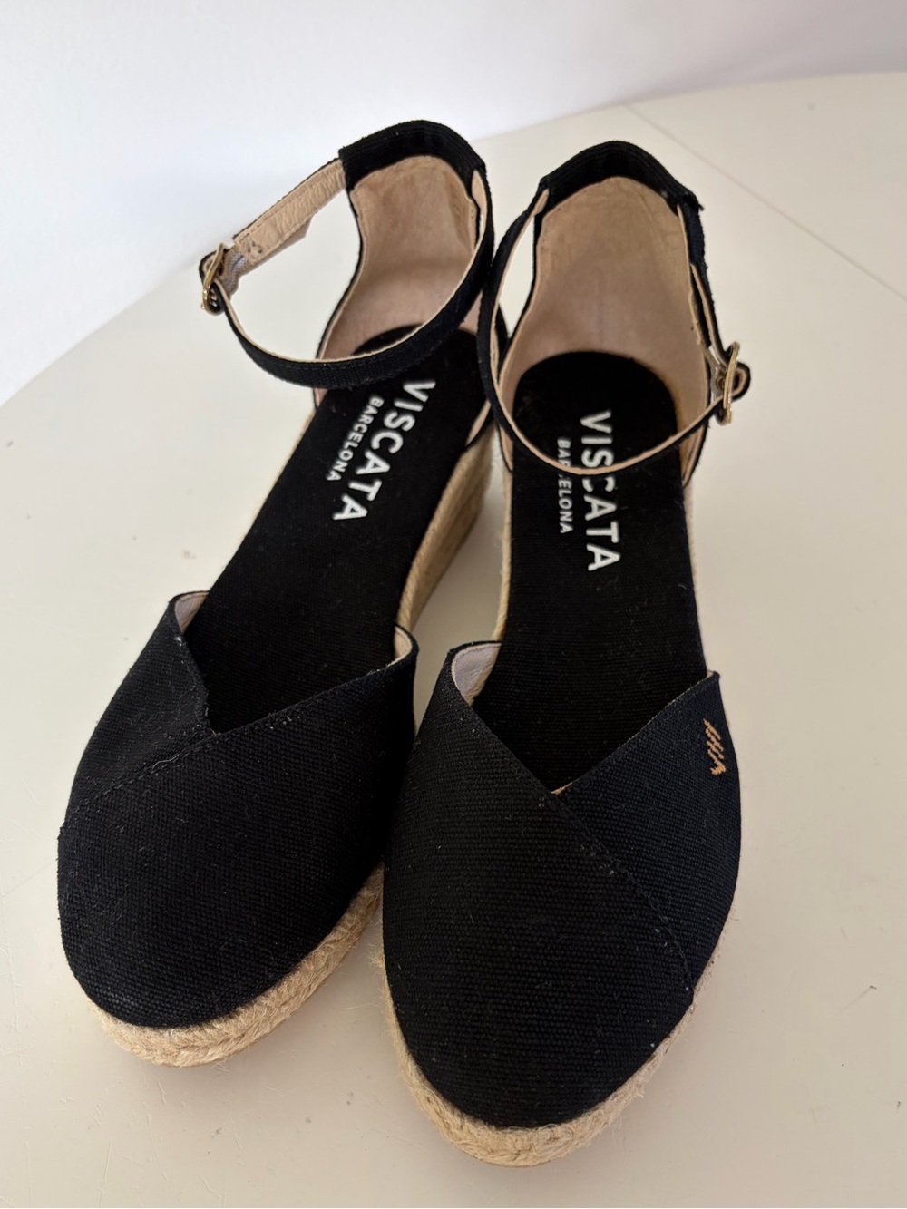 Viscata Barcelona Estartit Black Canvas Espadrille Wedge Sandals Size 40 NWOB